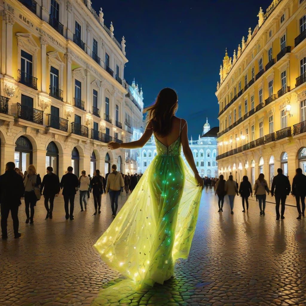 Lisbon's Rossio Square in Vibrant Neon Glory