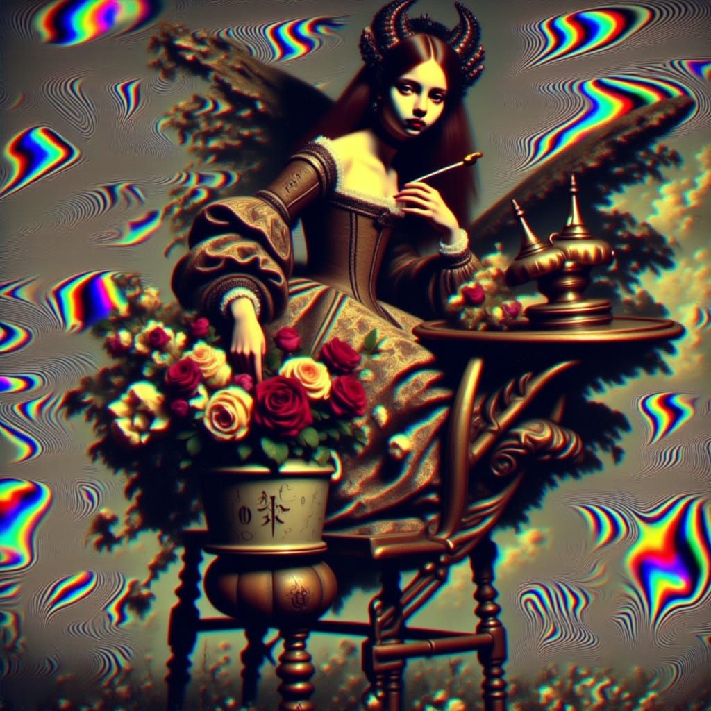  <lora:Sratoscuro:1.55> analog photography of a young beauty woman holding a chocolate desert, iridescent rippled distortions, vivid, Carava...