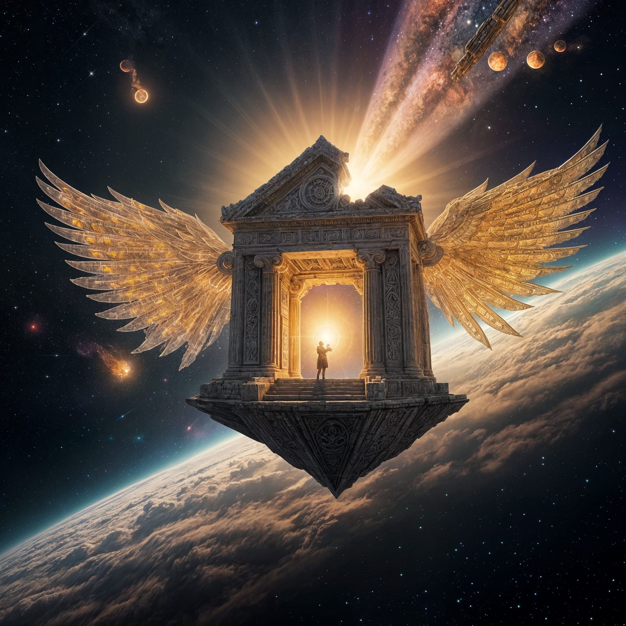 An ancient temple floating in space, its stone walls covered in glowing runes and cosmic symbols. The structure is suspended above a sea of...