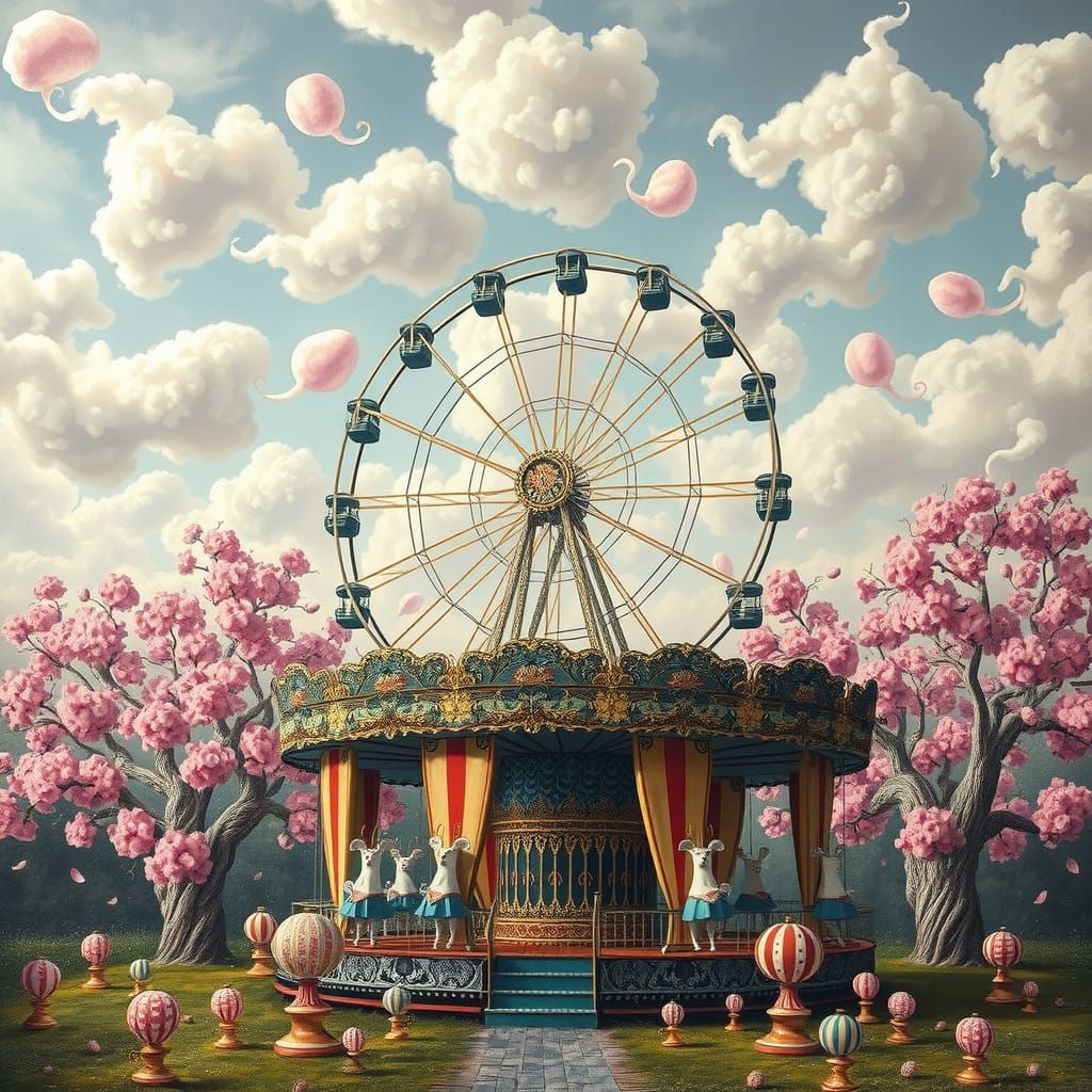 a fantastical fairground bathed in radiant colors where cott...