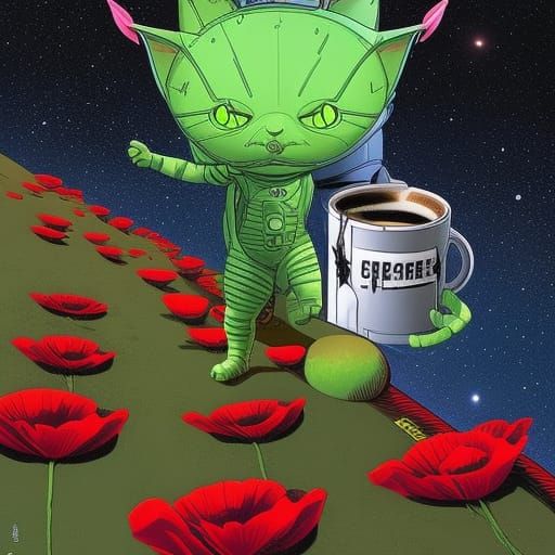 Green alien cat 
astronauts with Space X drinking cups of co...