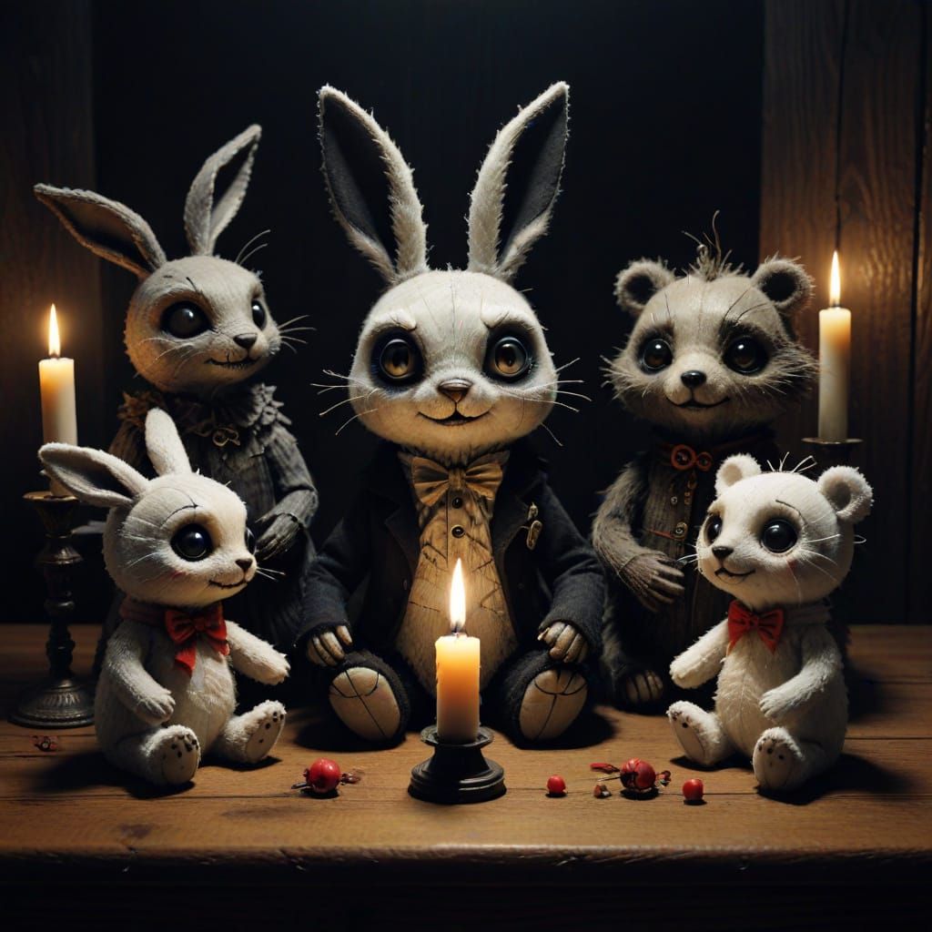 A group of vintage stuffed animals, a one-eyed rabbit and a patched-up bear, gathered around a flickering ...  by @Ali