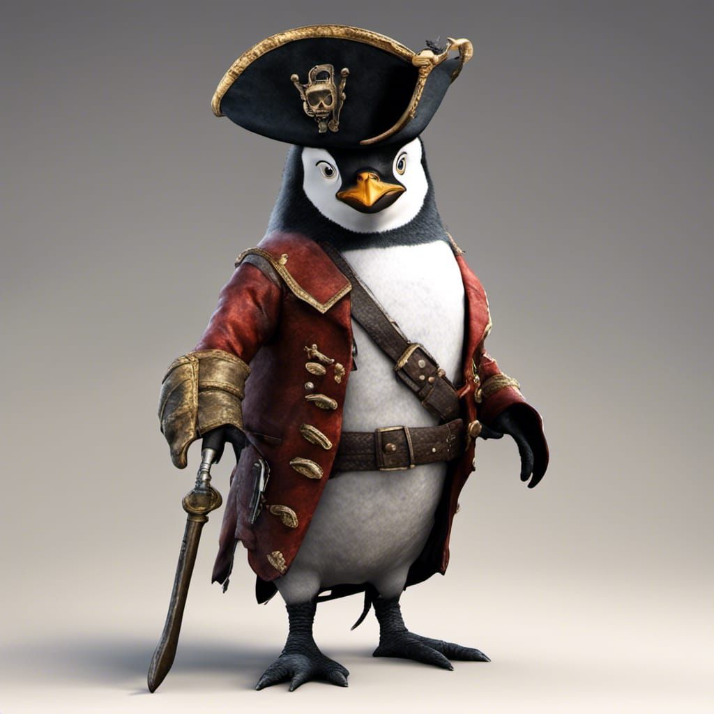 Penguin dressed as pirate captain before the gallows, hat, hook, eye patch, 64k resolution, a masterpiece, 75mm, hyperrealistic, hyper maxim...