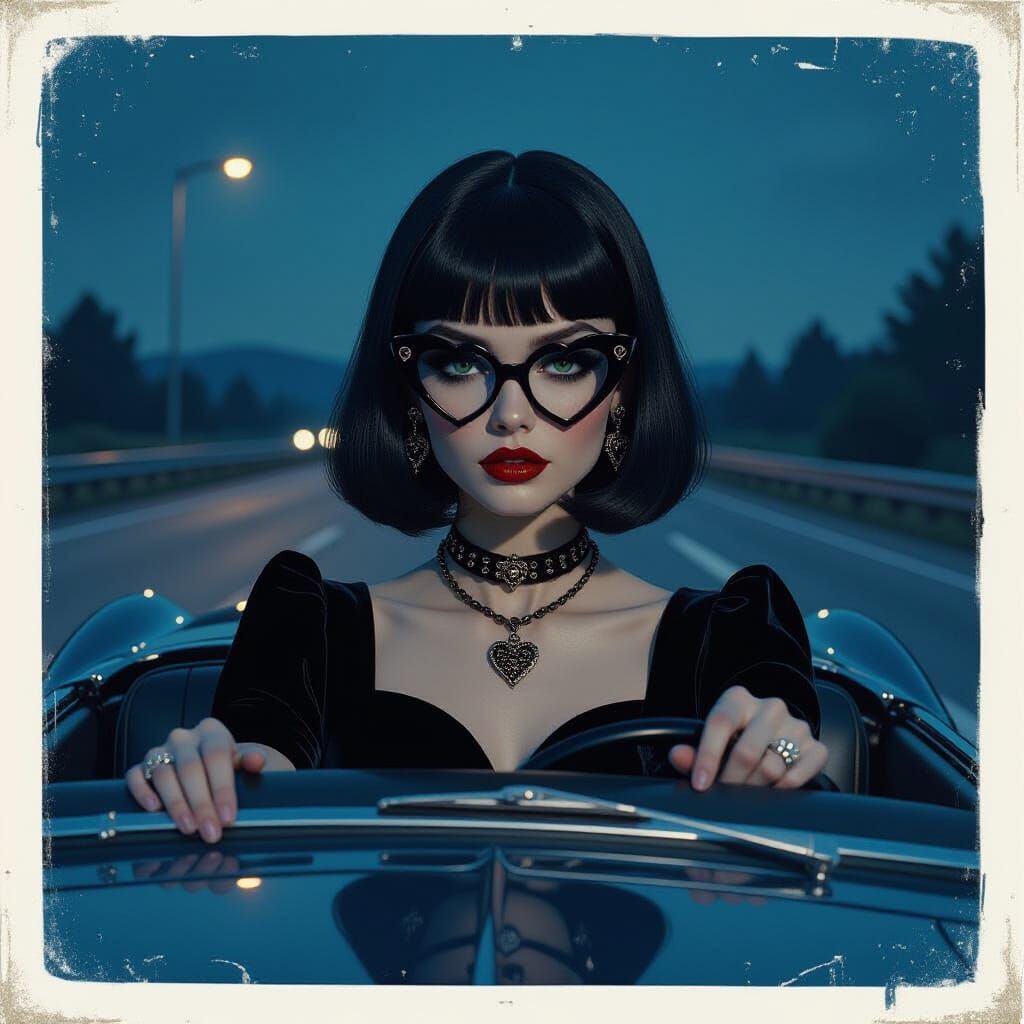 Gothic Girl Drives Vintage Car: Film Noir Scene