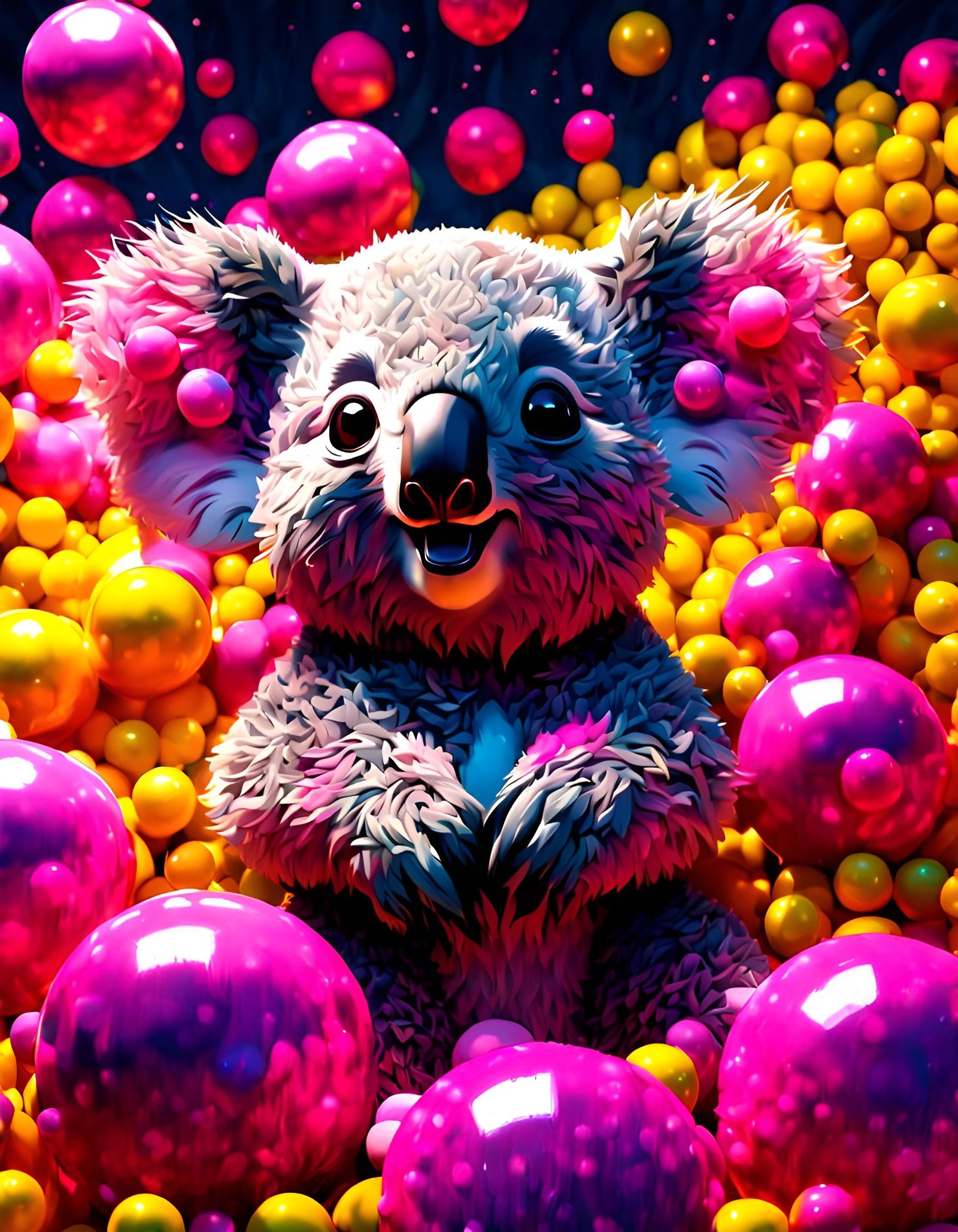 Young koala with a cloud of pink and yellow balls