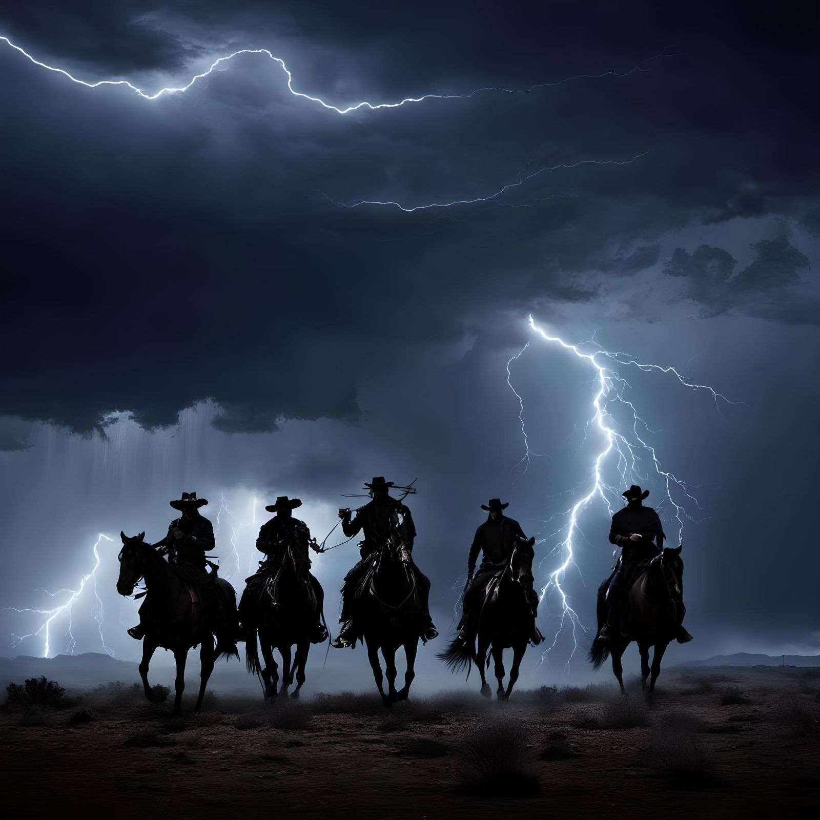 Dark cowboys, ghosts, in the sky, dark, mysticsl, dangerous,...