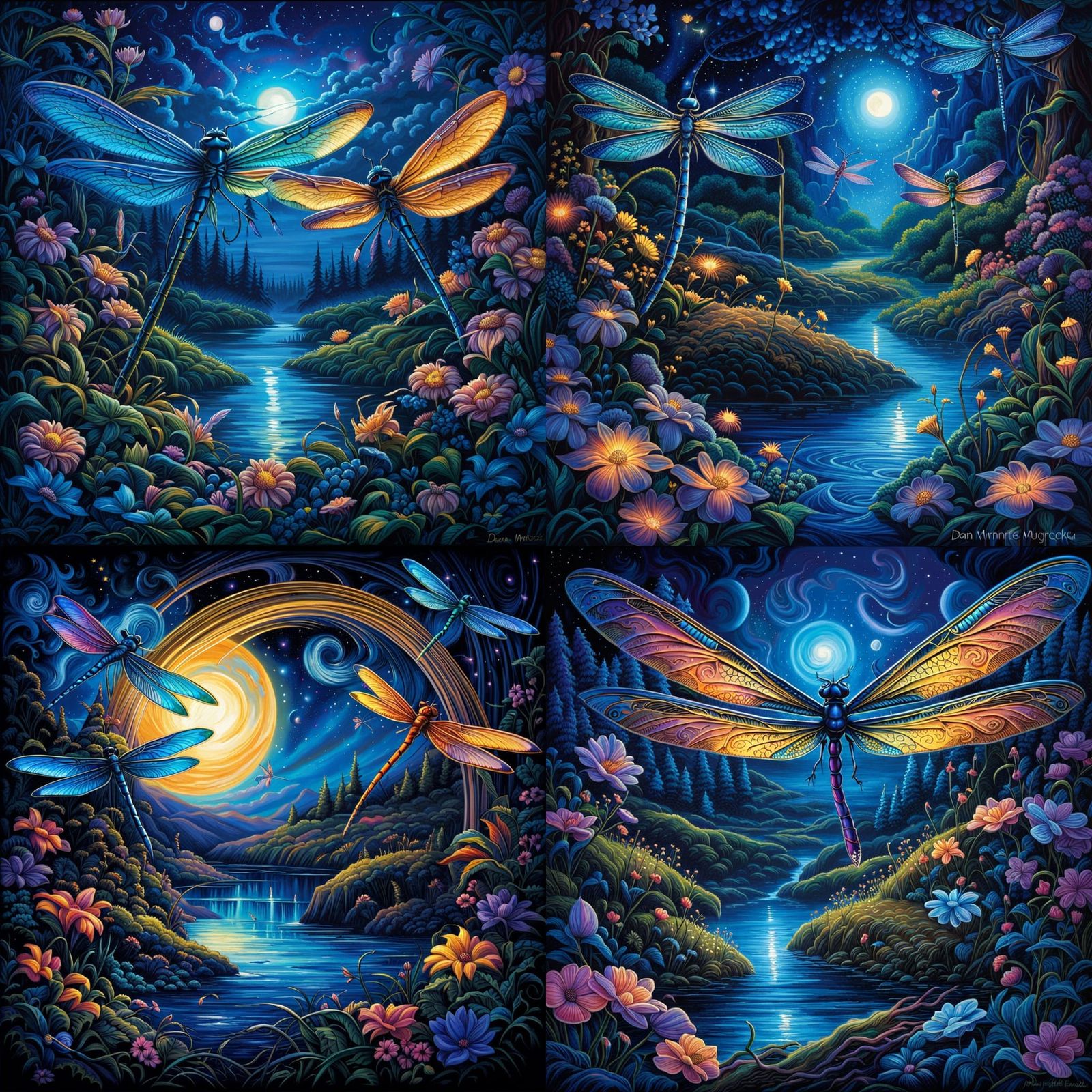 colorful and glowing dragonflies, electrical phenomena,  magical, shining stars, electric blue, cosmic landscape surroun...