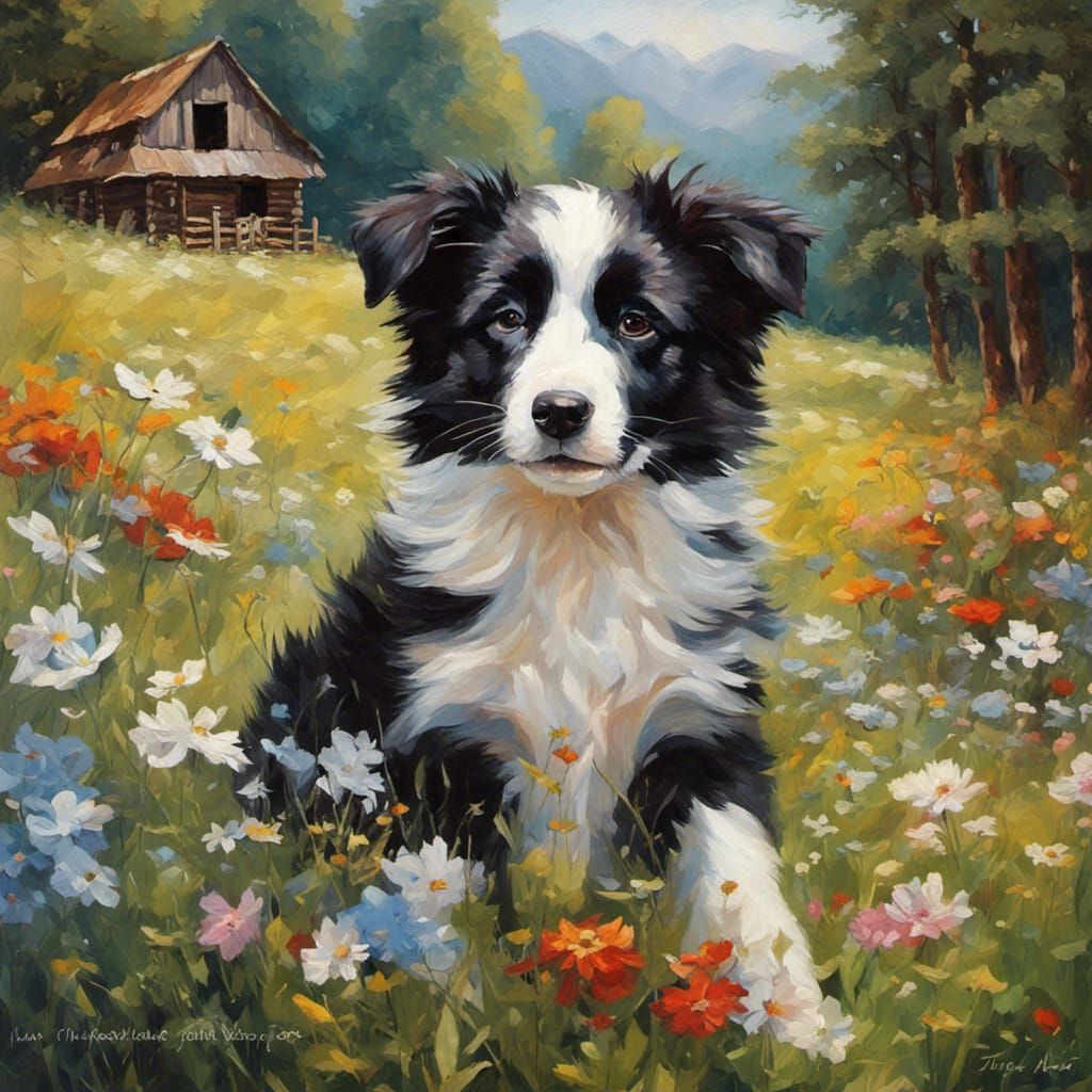 Cute Border Collie puppy in a pretty flower meadow with quaint cabin ...