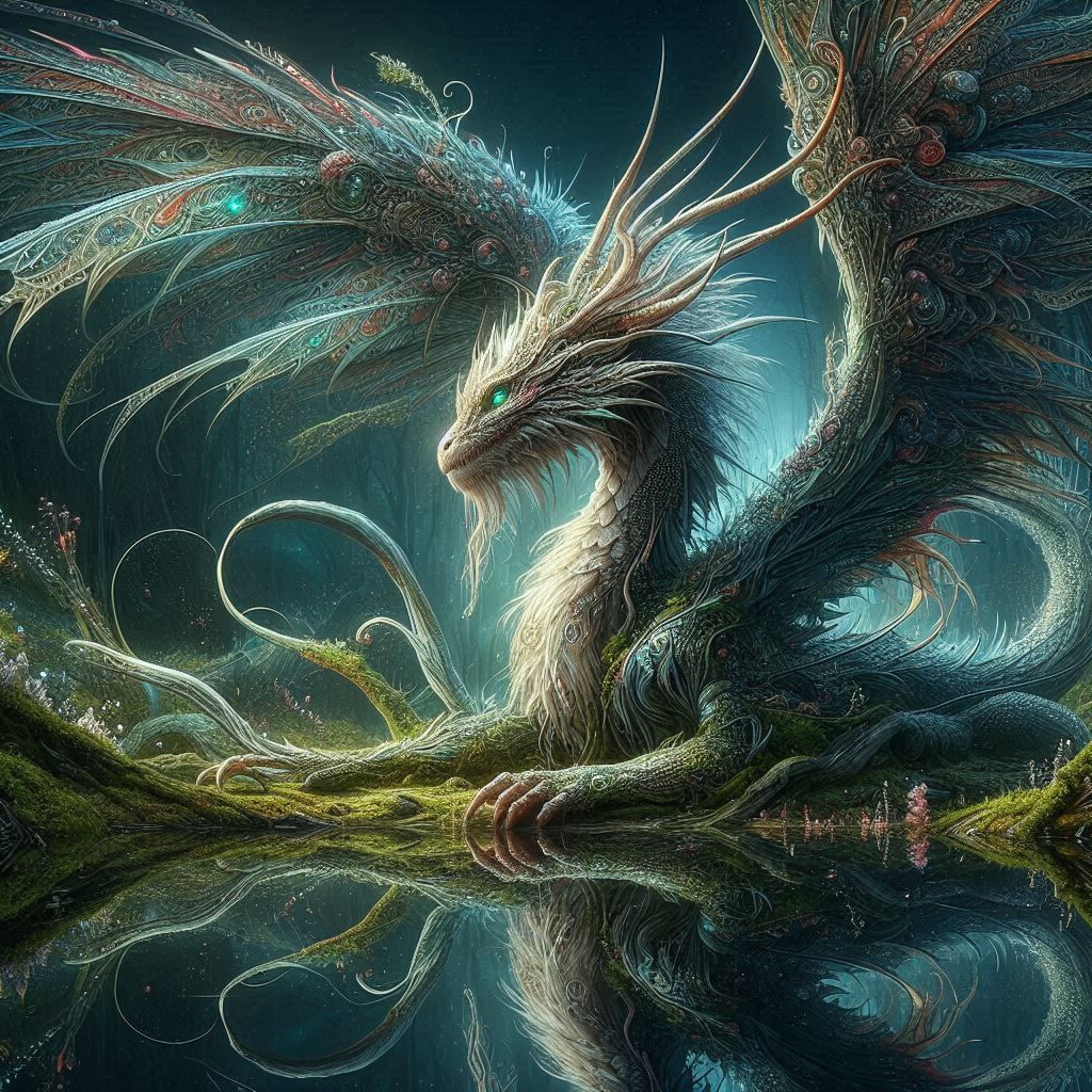 Dragon by forest pool