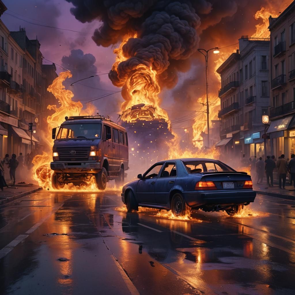 Vehicle Ablaze on Road in Fantasy Concept Art