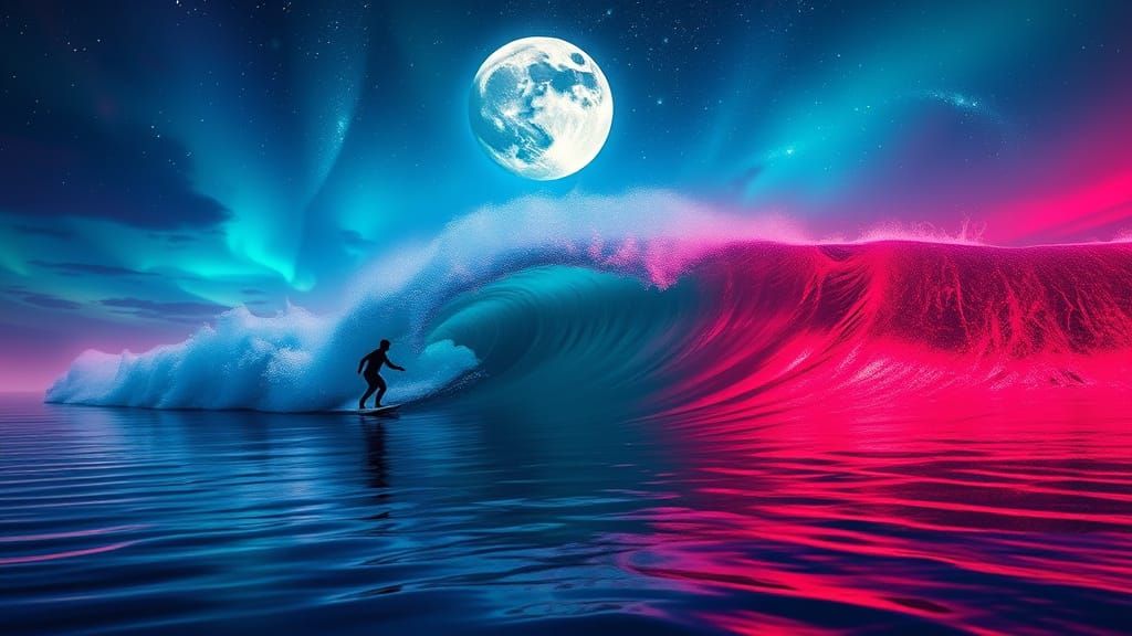 The Surfers paradise. Surfer catching a wave. Epic Scene, sparkling magical cosmic moonlit lake, macabre, triadic colors, 4K, 3Delight, deta...