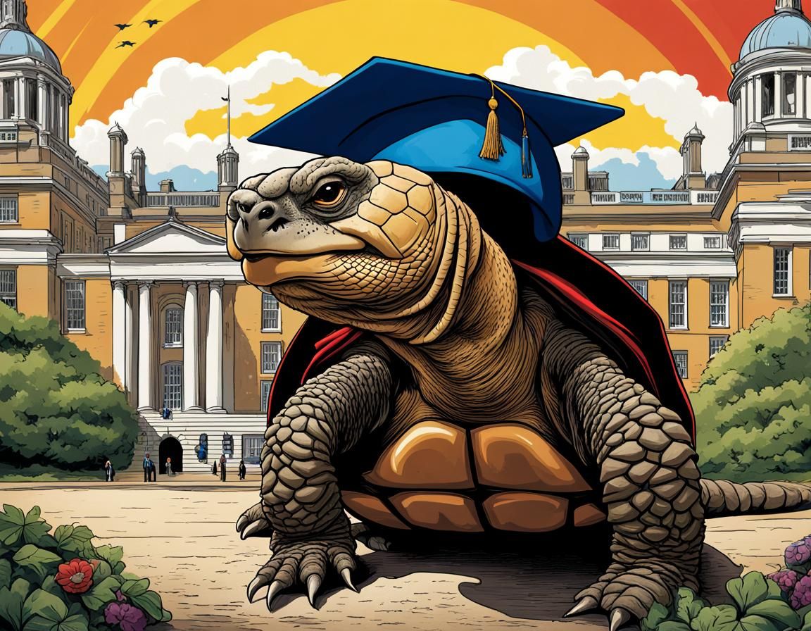 a Galapagos tortoise proudly donning a graduation cap and gown at a prestigious University College London. Don't forget to include a distinc...