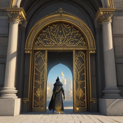 A GOLDEN GATES OF PARADISE 
 with a Dark Hooded LADY  Standi...