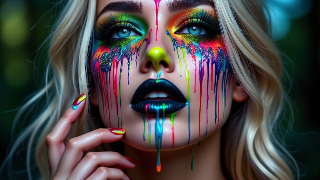 <lora:Melting Colors:1.0> female portrait, neon green glitter eye make up and black lipstick, blonde hair, face covered with ornament patter...