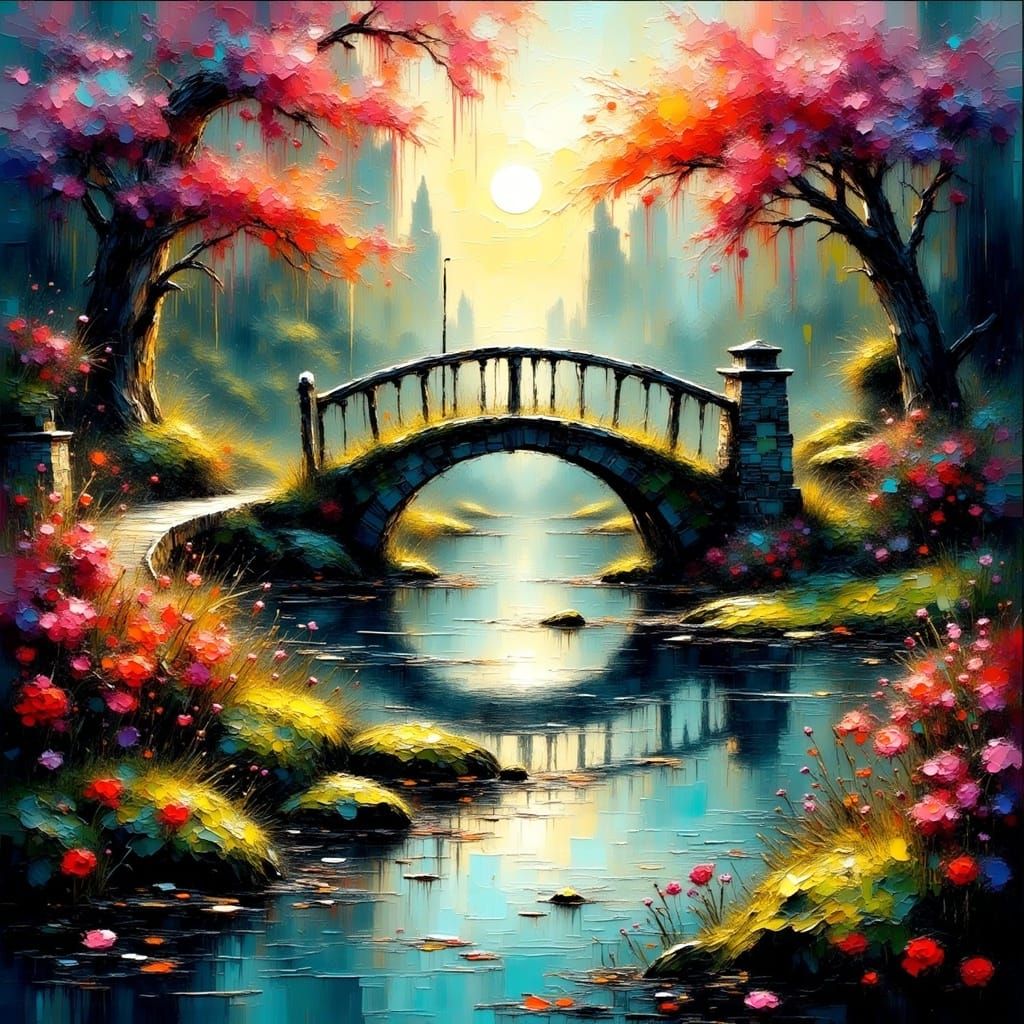 Double exposure.  Ethereal. Bridge over troubled water in spring, colorful, epic, museum quality, lush greenery, flowers, oil painting style...