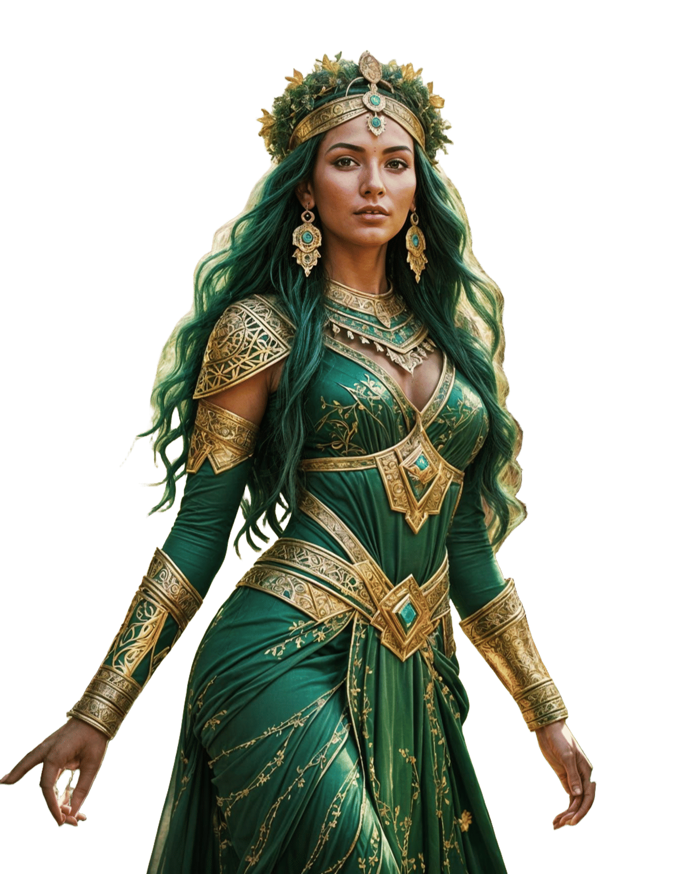 A majestic Amazigh goddess of nature and fertility stands tall in the midst of an agricultural celebration. She is adorned in emerald-green...