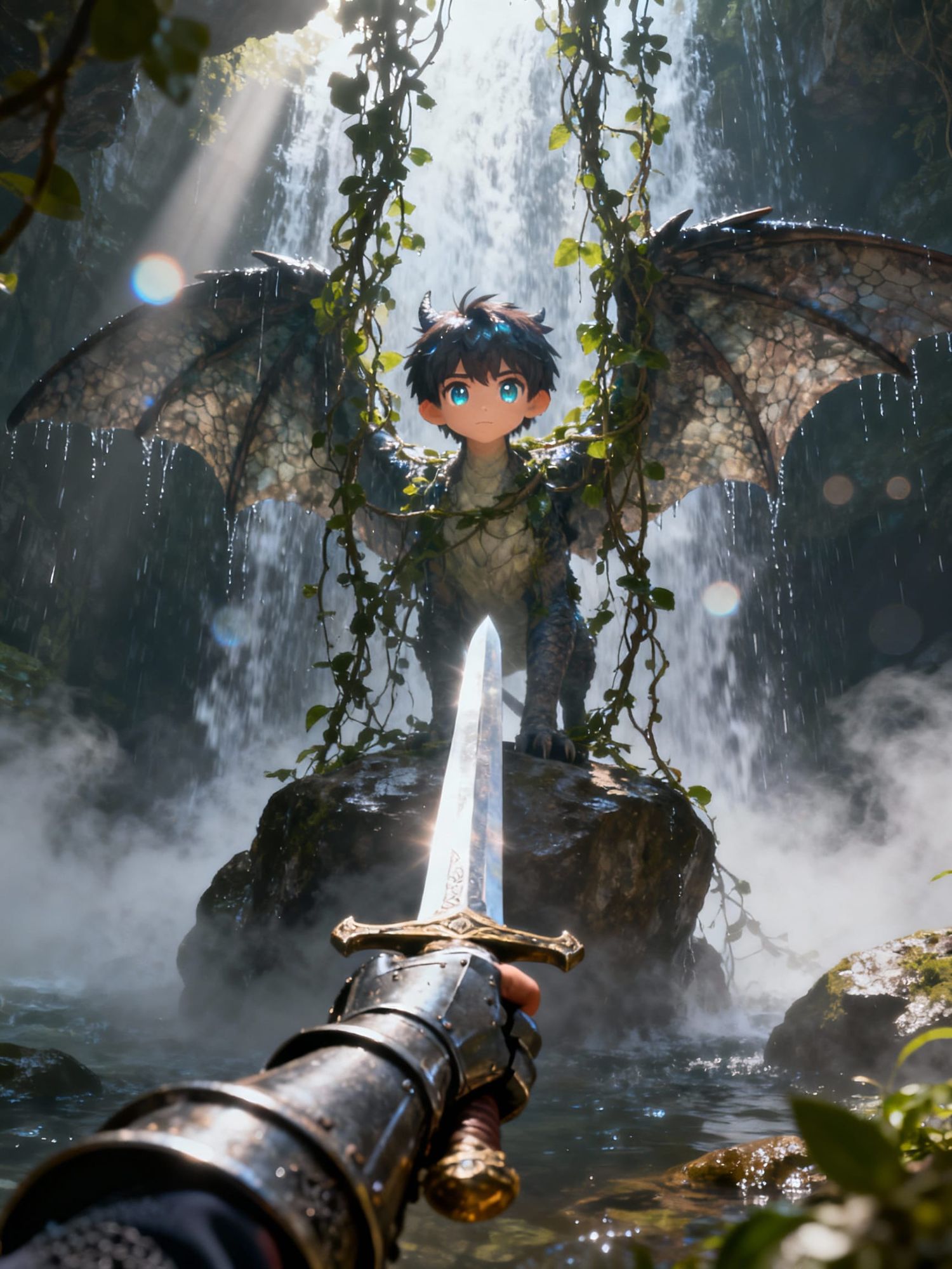 (((Masterpiece))) first person view of a knight holding out a sword in a trembling armoured hand, pointed towards a young hyper realistic an...