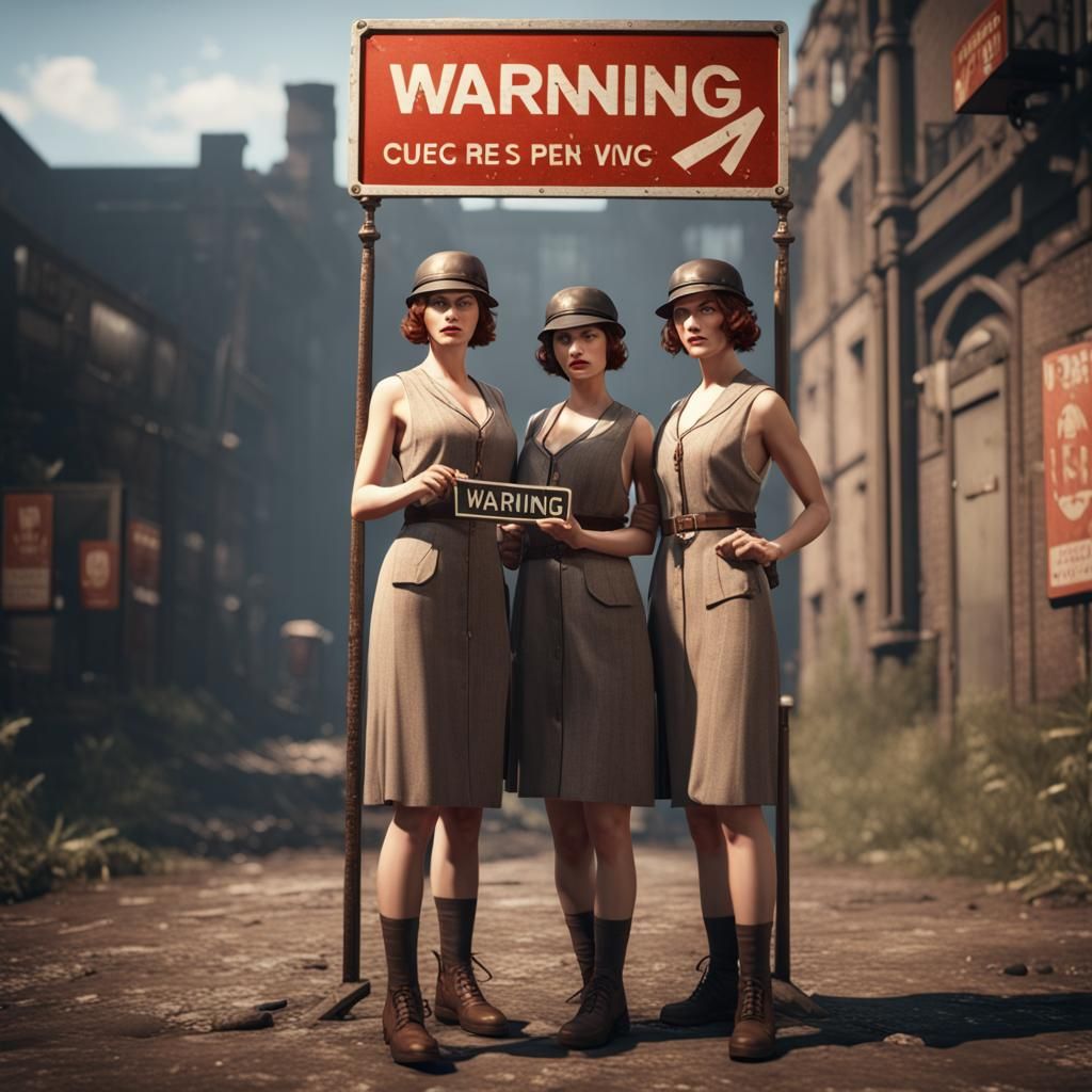 1920s Women Posing with Warning Sign, 3D Cinematic