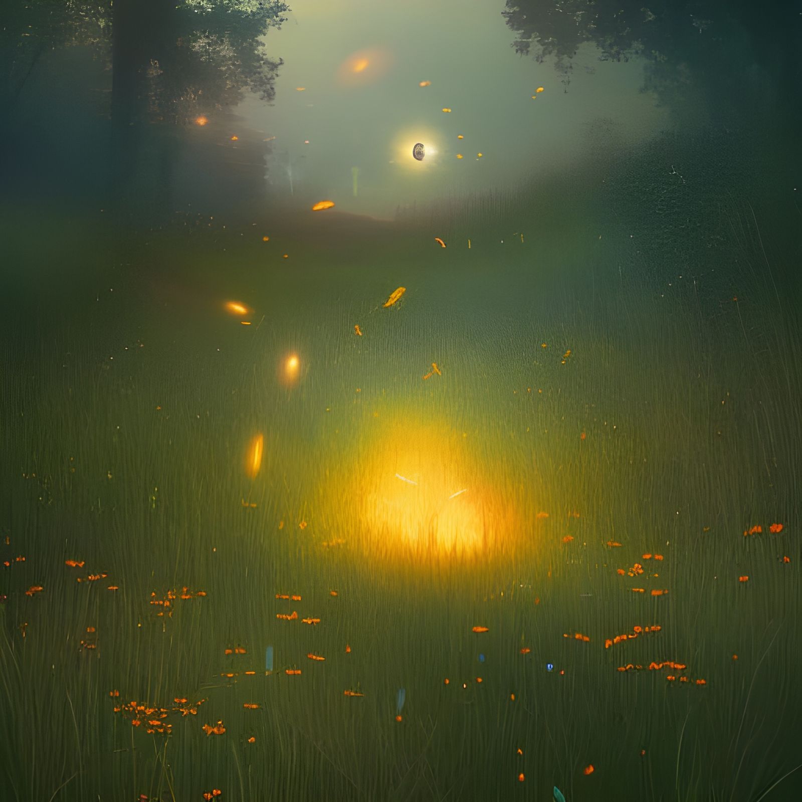 Fireflies fly over the grass