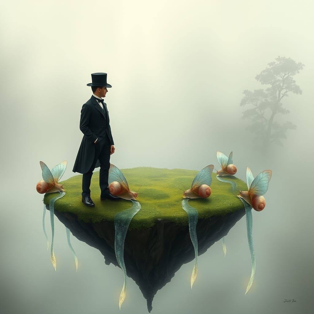 Butterfly-winged snails, floating island, Victorian gentleman, soft light, surreal, whimsical.  by @Curius Aplha
