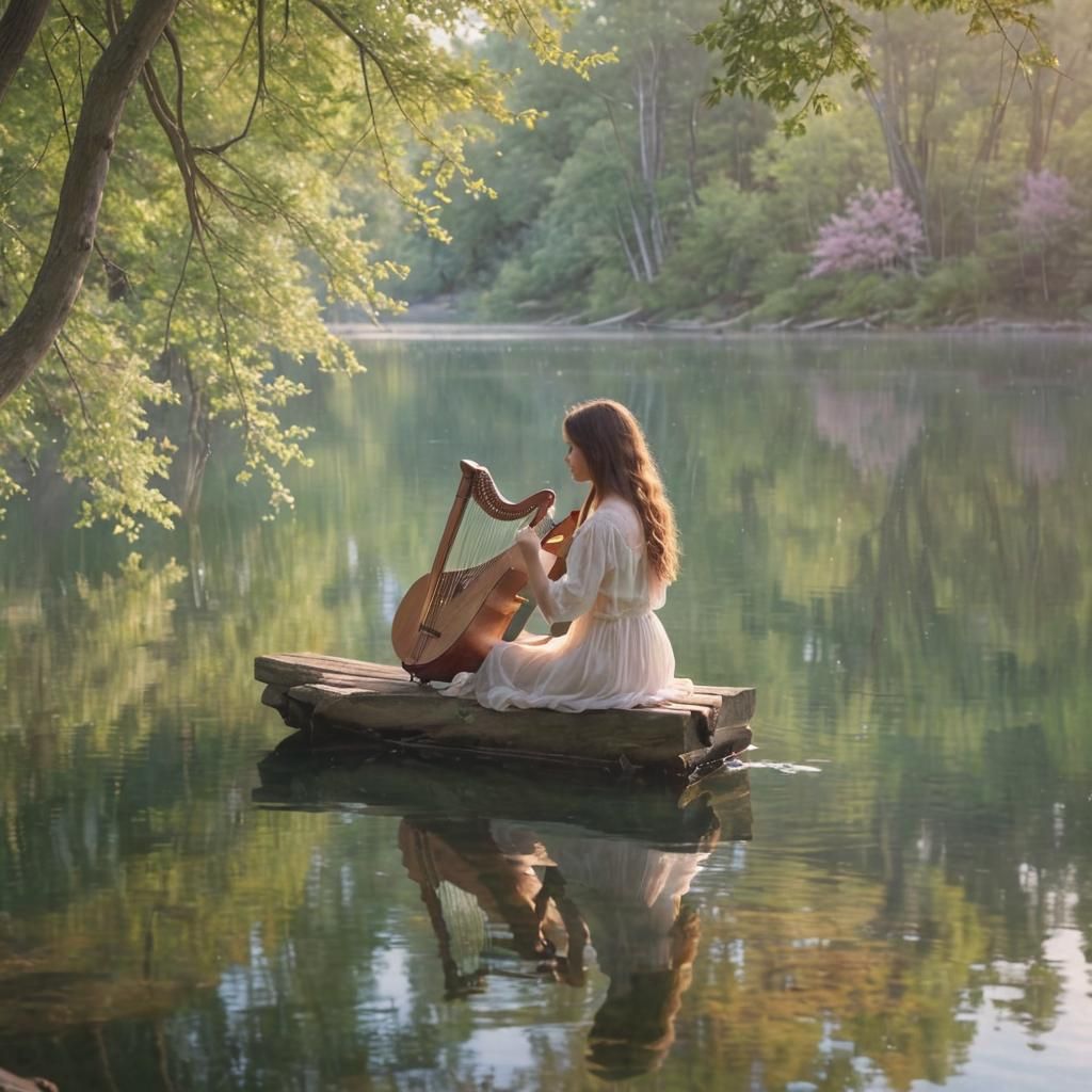 Dreamy Landscape with Harpist: Impressionist Pastel Art