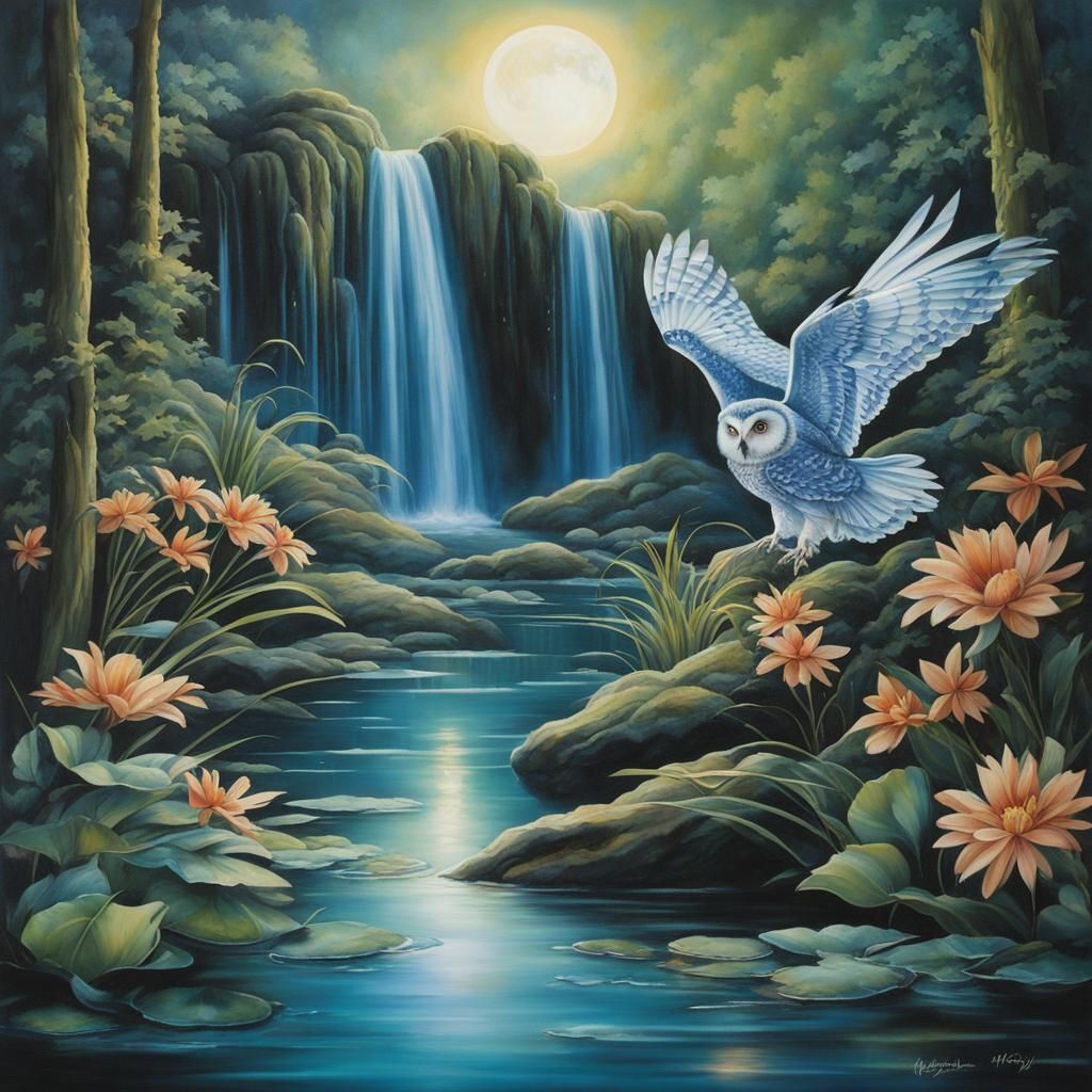 Waterfall Cascading with Owl - AI Generated Artwork - NightCafe Creator