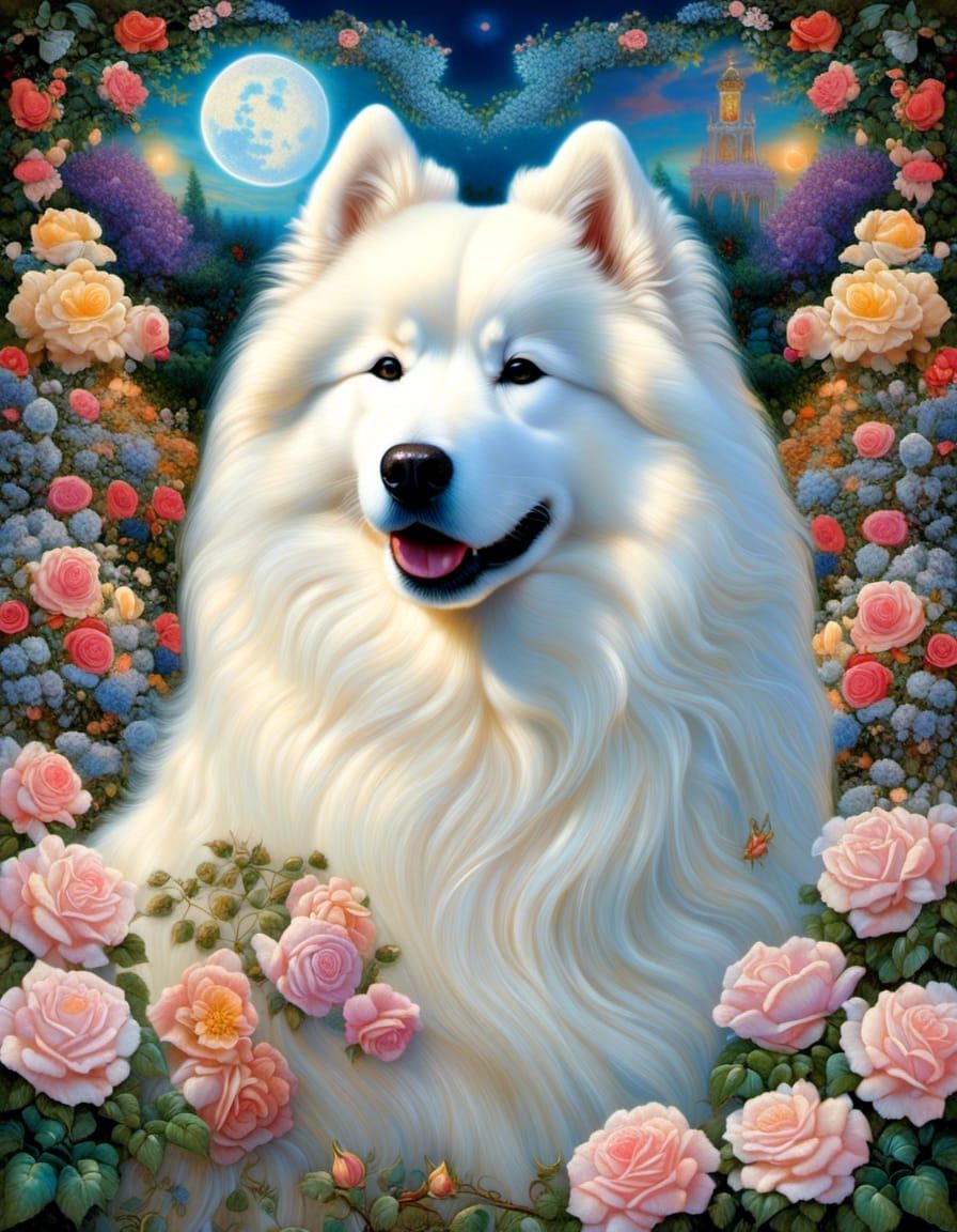Absolutely stunning, elegant samoyed sits up amid the multi-hued blooms of a rose garden, digitally enhanced, dazzling flower garden, hyperr...