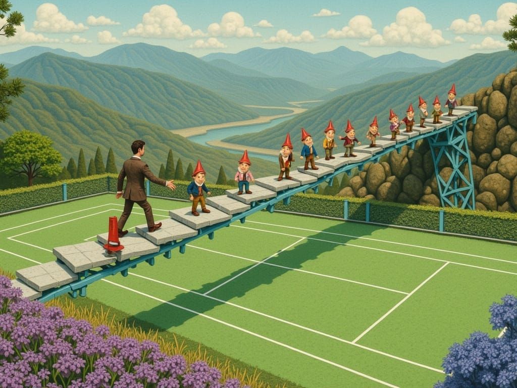 A quirky man in a mismatched suit ascends a glass bridge assembled from mismatched sunroom windows and patio chairs, winding toward a mounta...