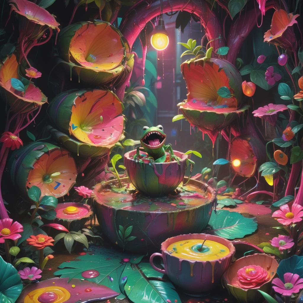 Hyper-realistic, mid shot. Cannibal plant eating its prey in a vibrant, technicolor jungle. Close up. Pixar-inspired 3D ...