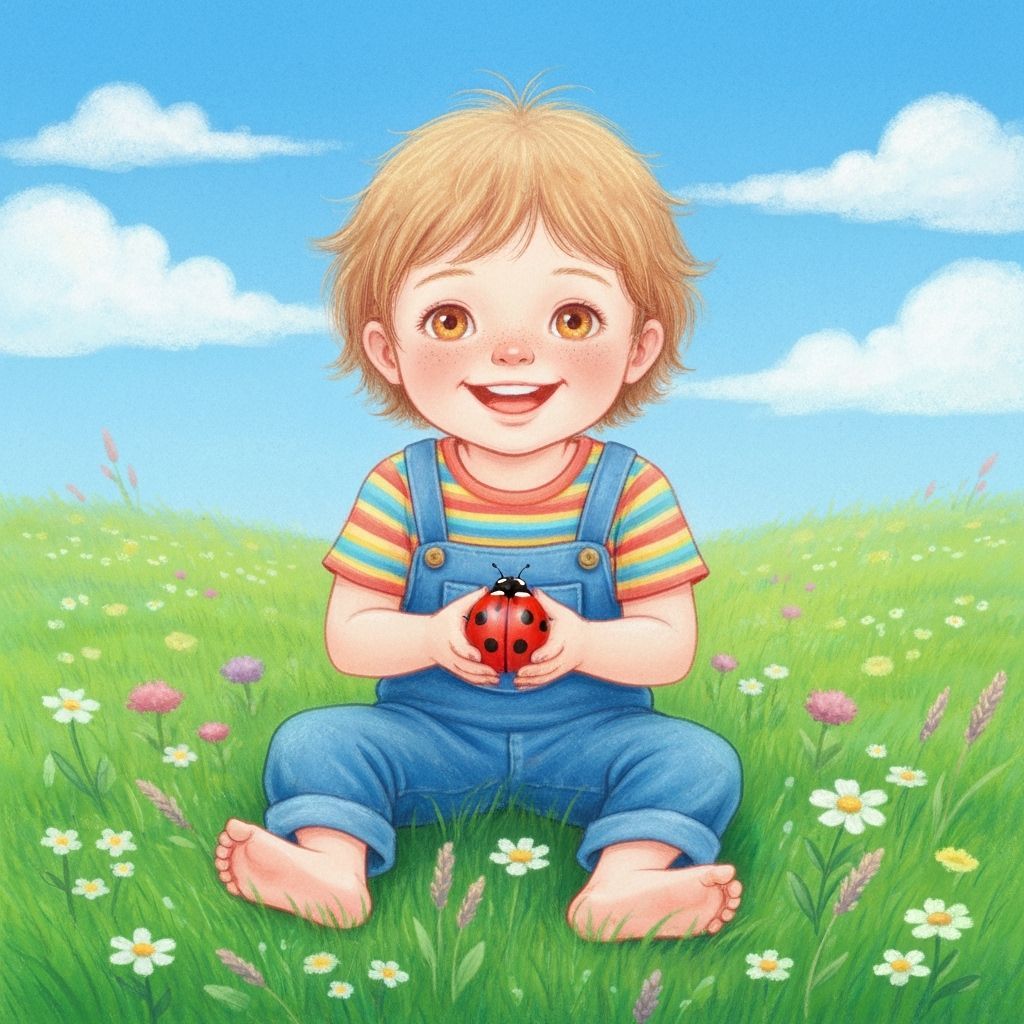 Child in Meadow with Ladybug, Pastel Illustration