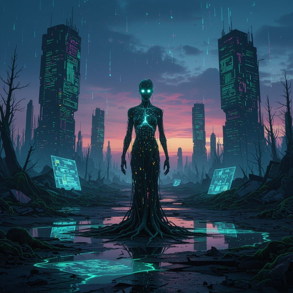 "The Echo of Ambrosia: Post-technological Genesis." A haunting, hyper-detailed tableau of a **desolate, iridescent, bioluminescent wasteland...