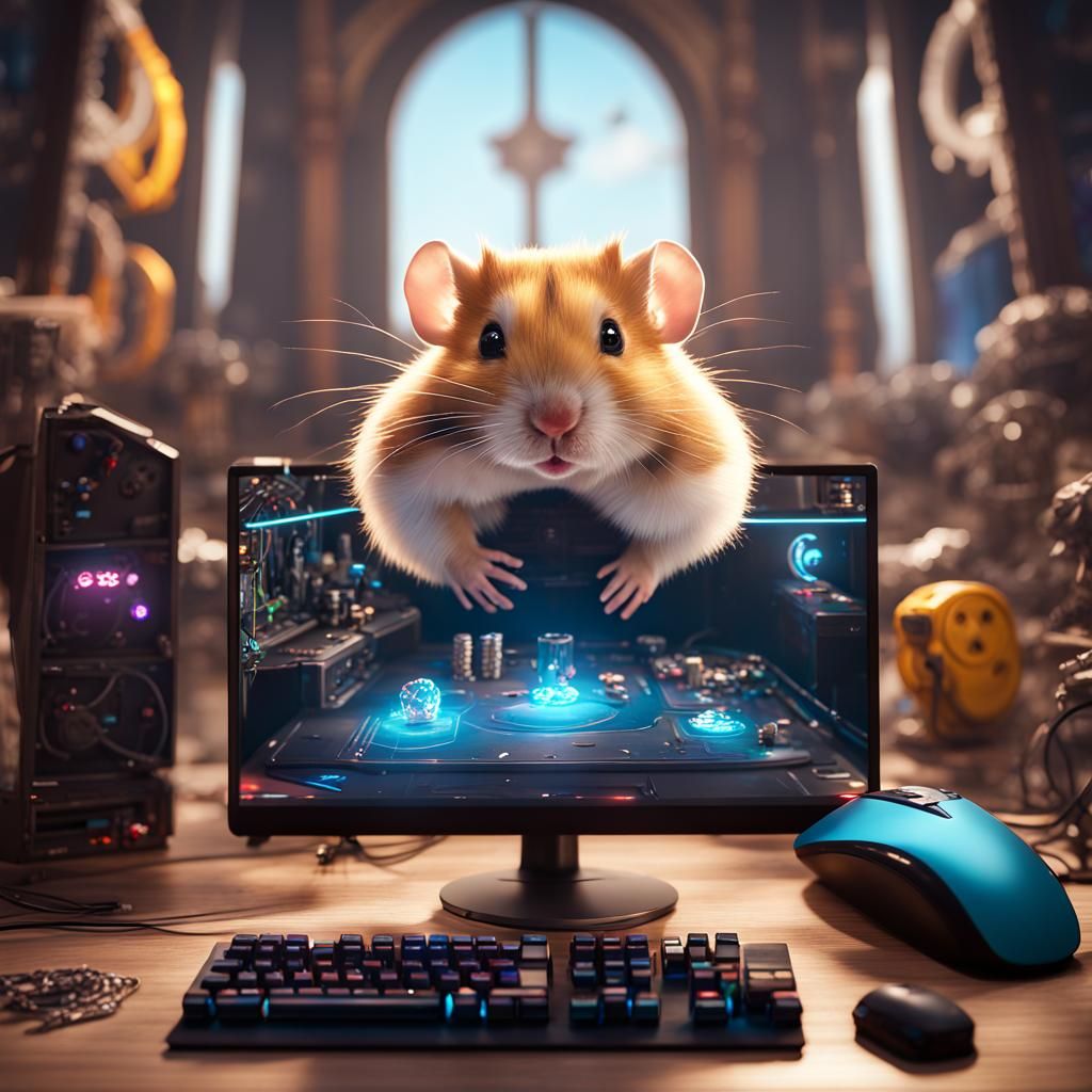 A hamster playing games on it’s epic gamer MLG pog PC setup  by @James Jamestown Joasthwert