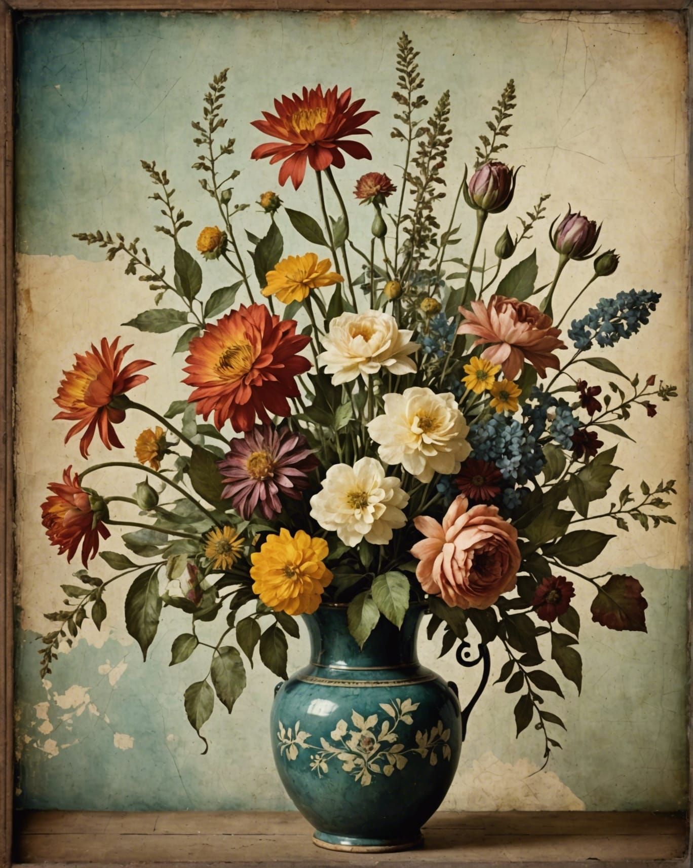 Botanical Floral Arrangement, a museum masterpiece, antique vintage, distressed encaustic texture grunge ...  by @g r r c