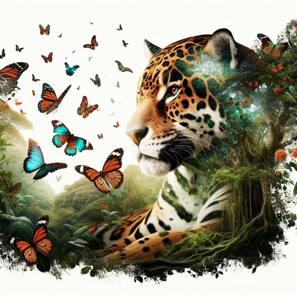a double exposure, a Jaguar, butterflies, digital art, trend...