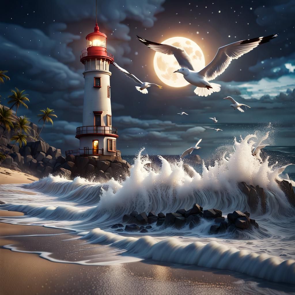 A very beautiful serene expressive scene with a tall beautiful lighthouse and waves crashing on the shore, ...  by @Maui kinepela