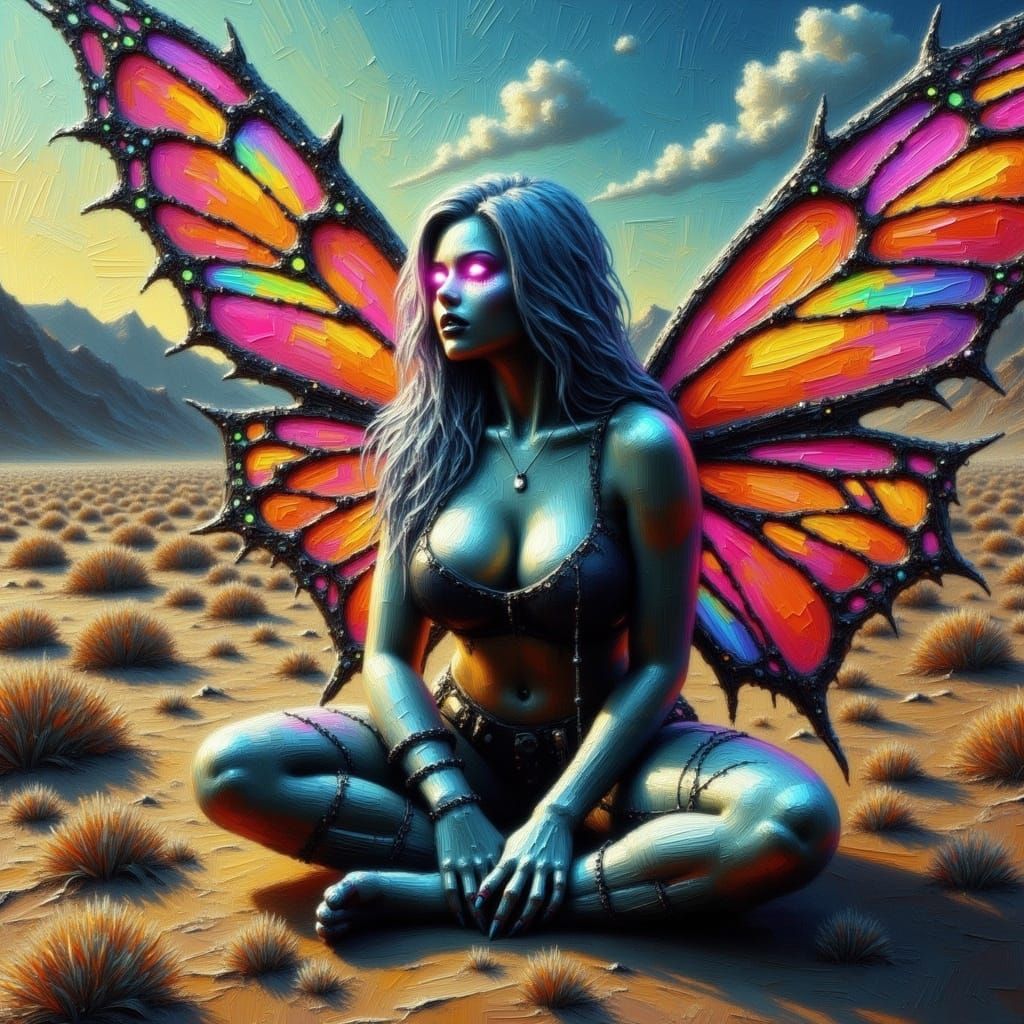 An impasto painting of a plus size woman with glowing eyes sat in a desolate wasteland with intricate wings. Drips. Dynamic lighting <lora:P...
