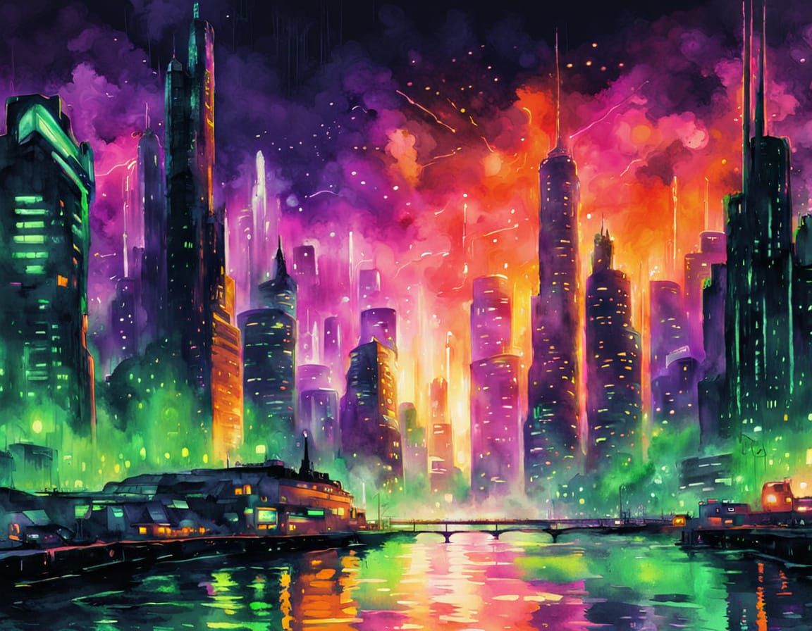 Neon Cyberpunk Cityscape in Watercolor Splash Art