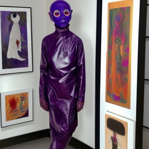 art exhibition with bald dark purple alien in brown transpar...