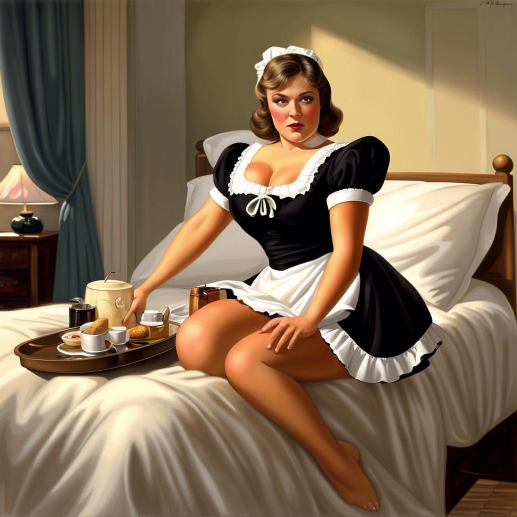 chubby french maid carry a tray.