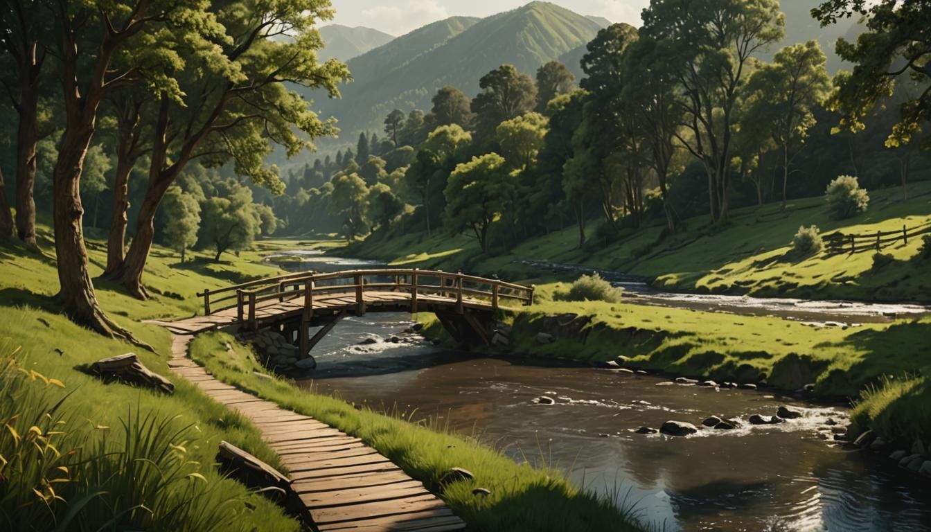 Lush River Valley with Wooden Bridge