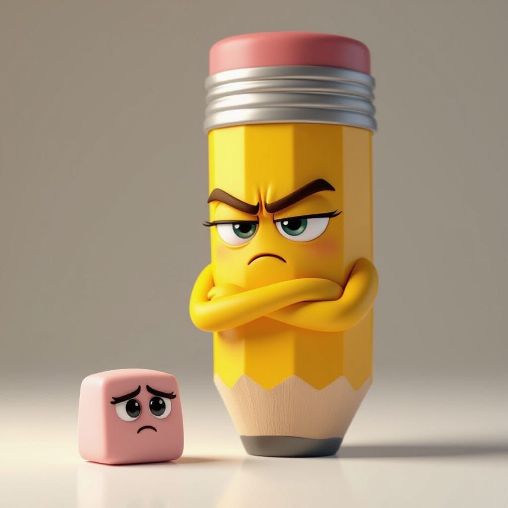 A fun, cartoon-style scene of a bright yellow pencil with a grumpy face looking down at a small pink ...  by @Heidi B