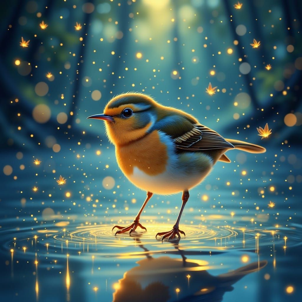 <lora:Fireflies:1.0> Macro shot:  A watercolor painting of a beautiful robin walking on the beach. The soft glow illuminates the immediate a...