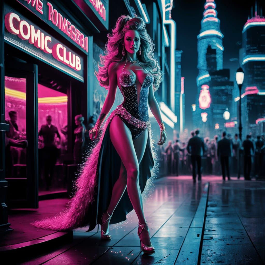 Pretty party girl walking out of the club late at night, big neon "Club". 