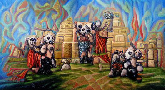 Aztecs sacrificing panda bears; vivid oil painting; crosshat...
