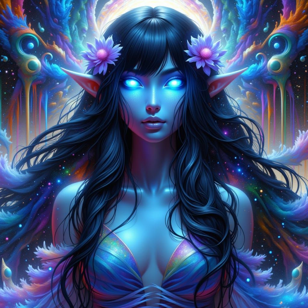 <lora:Acrylic Archive Fx:1.0>, crystalline goddess, blue glowing flower eyes, long hair, detailed head and shoulders portrait, detailed intr...