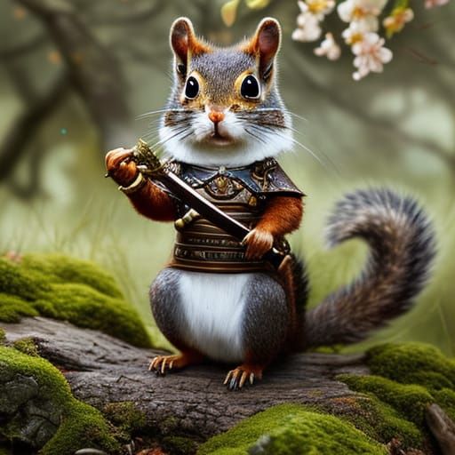 The portrait of an adorable chibi anthro squirrel samurai in a cherry ...