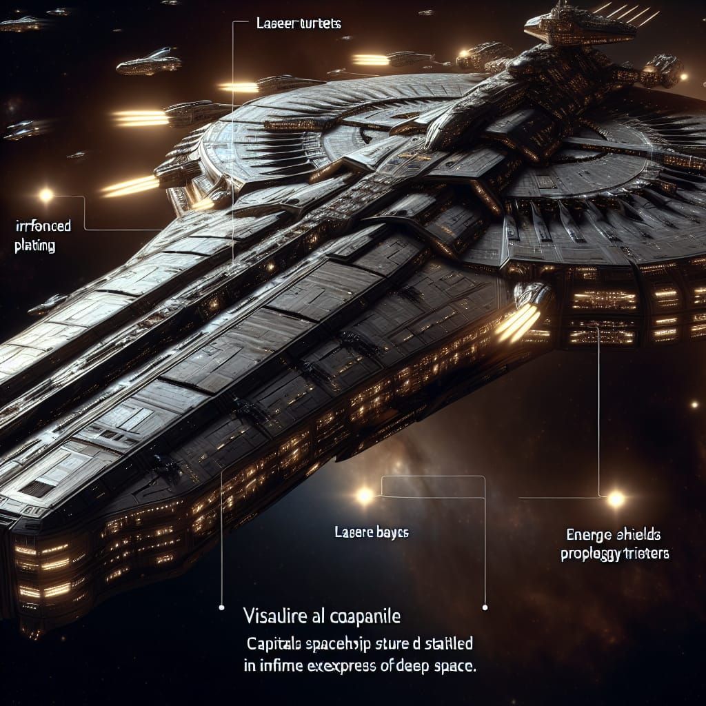 A massive capital spaceship looms in deep space, bristling w...
