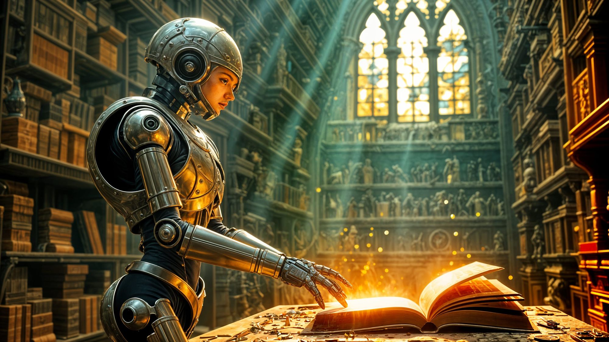 A lone, antique robot stands in a vast, overgrown library, its metallic fingers gently touching the spine of a glowing, ancient tome. Dust m...