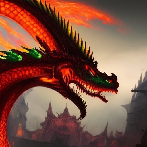 Side View Futuristic Green Dragon With Scales, Breathing Orange And Red 