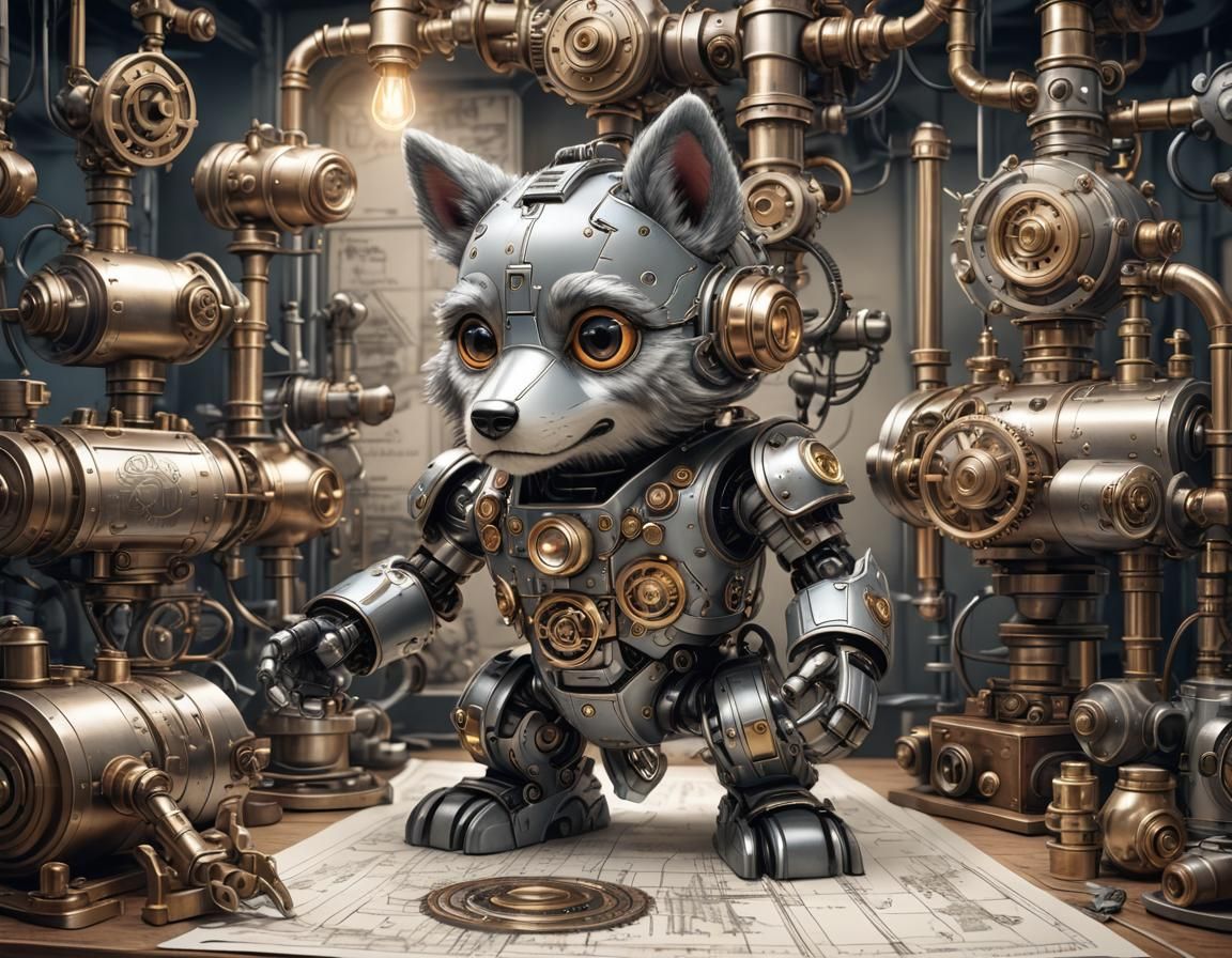 Steampunk Gray Wolf Robot Engineer working on Blueprints